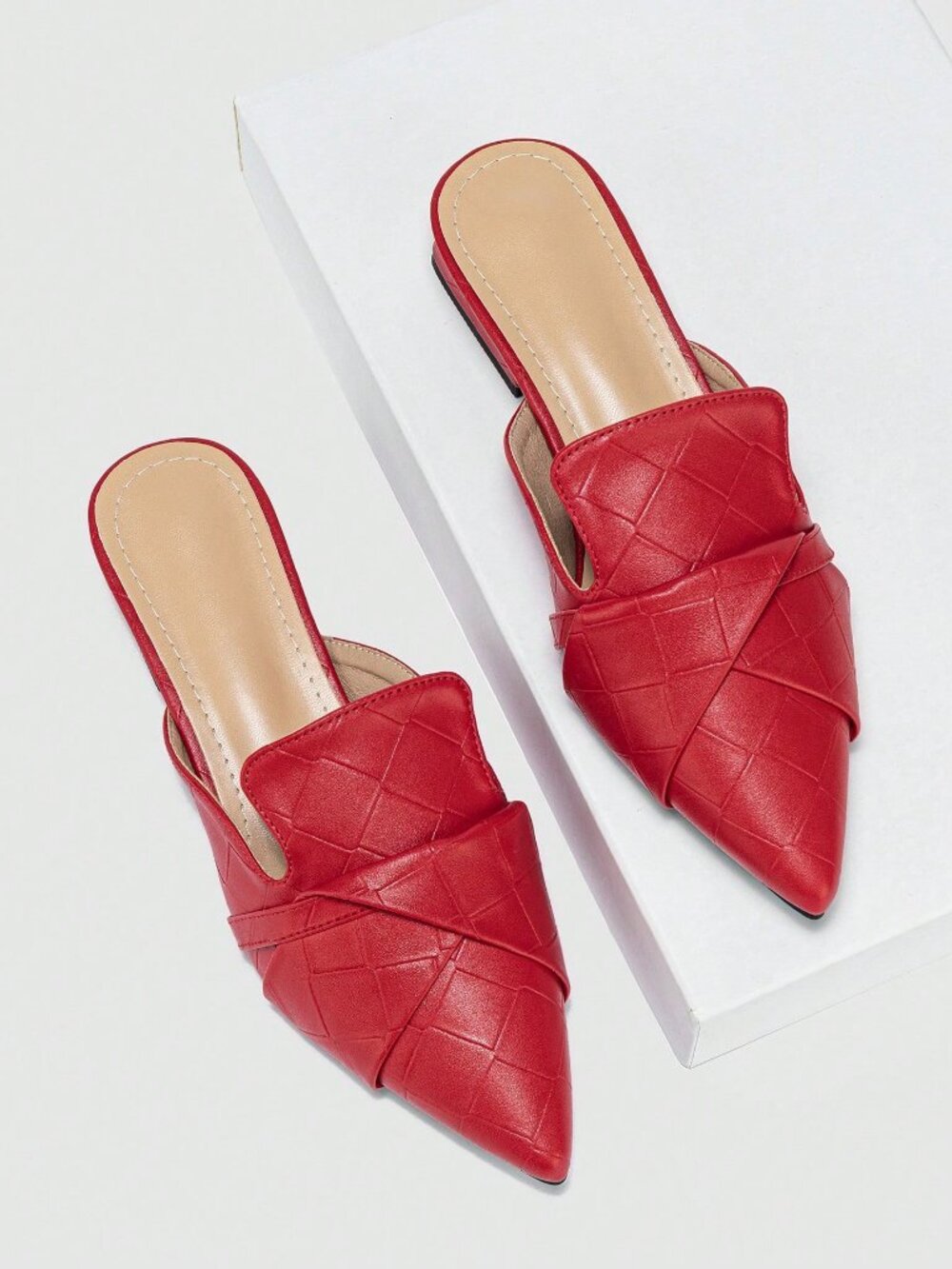 Red Casual Women's Metal Chunky Heel Pointed Toe Slip-On Slingback Shoes